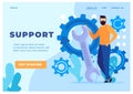 Man holding a wrench with gear wheels, tech support concept. Customer service page design for website
