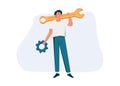 Man holding wrench, screwdriver and gear wheel. Concept of technical service, mechanical repair