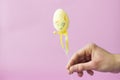 Man holding a yellow easter egg on a stick on a pink background Royalty Free Stock Photo