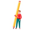 Man holds big pencil and drawing. Boy writing prosess. Creative male character, back to school