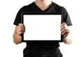 A man holds a black A4 frame. An empty frame with a white background. Close up. Isolated on white background