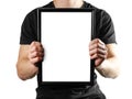 A man holds a black A4 frame. An empty frame with a white background. Close up. Isolated on white background