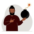 A man holds a bomb with a lit fuse. Big problem concept, problem maker, business concepts or danger. Royalty Free Stock Photo