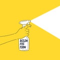 A man holds a bottle of cleaning spray in his hand. The disinfectant destroys germs. Poster on the theme of cleaning.