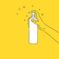 A man holds a bottle of cleaning spray in his hand. The disinfectant destroys germs. Poster on the theme of cleaning.