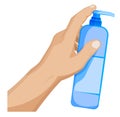 Man holds a bottle of liquid soap in his hand, presses dispenser with his index finger. Fighting infection, hygiene. Cartoon Royalty Free Stock Photo