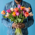 A man holds a bright bouquet of mixed colorful tulips on a blue background. A surprise for a loved one. Royalty Free Stock Photo