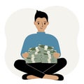 A man holds bundles of cash, money or banknotes in his hands. Successful business and finance concept illustration in Royalty Free Stock Photo