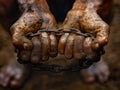 Man holds chains during Mud Day celebrations held annually in China where people play sports and entertain themselves