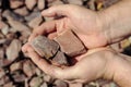 A man holds the Crimson Quartzite. Chipped rubble stone. Random Royalty Free Stock Photo