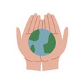 The man holds the earth in his palms. Adult hands are holding the globe. We do not inherit the planet from our ancestors Royalty Free Stock Photo