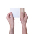 Man holds an empty roll of toilet paper with both hands. Isolated on a white background. The last sheet of toilet paper Royalty Free Stock Photo