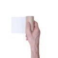 A man holds an empty roll of toilet paper. Isolated on a white background. The last sheet of toilet paper. Emergency Royalty Free Stock Photo