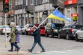 A man holds flag of Ukraine. Demonstration to support Ukraine