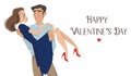 Man holds girl in his arms. Lovers. Valentine`s Day. Cartoon style. Boy and . Date