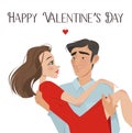 Man holds girl in his arms. Lovers. Valentine`s Day. Cartoon style. Boy and . Date