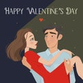 Man holds girl in his arms. Lovers. Valentine`s Day. Cartoon style. Boy and . Date