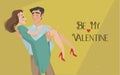 Man holds girl in his arms. Lovers. Valentine`s Day. Cartoon style. Boy and . Date