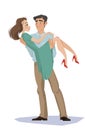 Man holds girl in his arms. Lovers. Valentine`s Day. Cartoon style. Boy and . Date