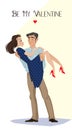 Man holds girl in his arms. Lovers. Valentine`s Day. Cartoon style. Boy and . Date