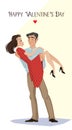 Man holds girl in his arms. Lovers. Valentine`s Day. Cartoon style. Boy and . Date