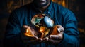 A man holds a globe in his hands, symbol of care for ecology, concept of environment. AI generated