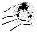 Man holds a globe in his palm and points a route point with his finger. Choosing a destination for travel. Global view of the