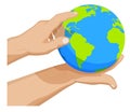 man holds globe in his palm and points route point with his finger. Choosing a destination for travel. Global view of the world