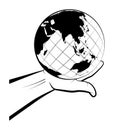 Man holds the globe in the palm of his hand. Choosing a destination for travel. Global view of the world. Isolated vector on white