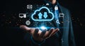 Cloud computing concept with a man holding a digital cloud network connection Royalty Free Stock Photo
