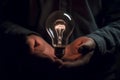 A man holds a glowing light bulb in his hands. The concept of a new idea. Royalty Free Stock Photo