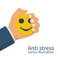 Man holds in hand squeezing an antistress ball.