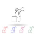 Man holds his back and sits on a box multi color icon. Simple thin line, outline vector of carrying and picking a box icons for ui