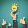 Man holds in his hand light bulb with the word idea. Stock vector illustration. Royalty Free Stock Photo