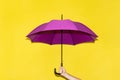 A man holds in his hand a purple umbrella on a background of yellow-lime wall. The concept of autumn, business, protection