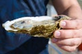 A man holds in his hands a large fresh oyster. Seafood. Tasty lunch while traveling, Ostend, Belgium. Close-up