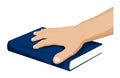 Man holds his palm on closed book. President oath on Bible, Constitution. Selection of new leader of country. Cartoon vector on