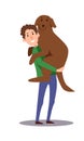 A man holds a large dog in his arms. The character hugs his pet. Vector sketch of a cartoon illustration on a white Royalty Free Stock Photo