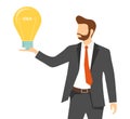 A man holds a light bulb in the palm of his hand Vector, cartoon illustration of business idea concept. Royalty Free Stock Photo