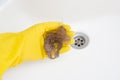 A man holds a lot of hair in rubber yellow gloves against the background of a sink. The problem of clogged drains in the Royalty Free Stock Photo