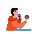 Man holds a mug of coffee and donut, flat vector illustration isolated.