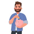 Man holds a piggy bank. Concept of saving finances. Vector illustration