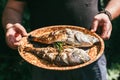 A man holds a plate with a ready meal. delicious and fresh grilled fish with lemon on the Barbeque grill at the garden Royalty Free Stock Photo