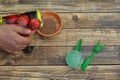 man holds radish seeds for planting in the vegetable garden with wooden bottom. Sowing tools