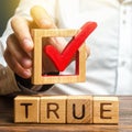 A man holds a red check mark over word True. Confirm the veracity and truth. Fight against fake news hostile propaganda. Royalty Free Stock Photo