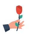 Man holds a rose in hand. Red rose icon. Royalty Free Stock Photo