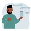 A man holds a smartphone using a voice assistant application. Voice recognition concept. Smart speaker applications