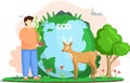 Man holds sprout to plant it and looks at deer. Flora, fauna and ecosystems of planet Earth