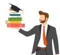 A man holds a stack of books in his palm. The concept of getting a good education. Vector illustration.