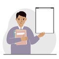 A man holds a stack of books in one hand, a clipboard in the other, space for text. Knowledge, education, teaching Royalty Free Stock Photo